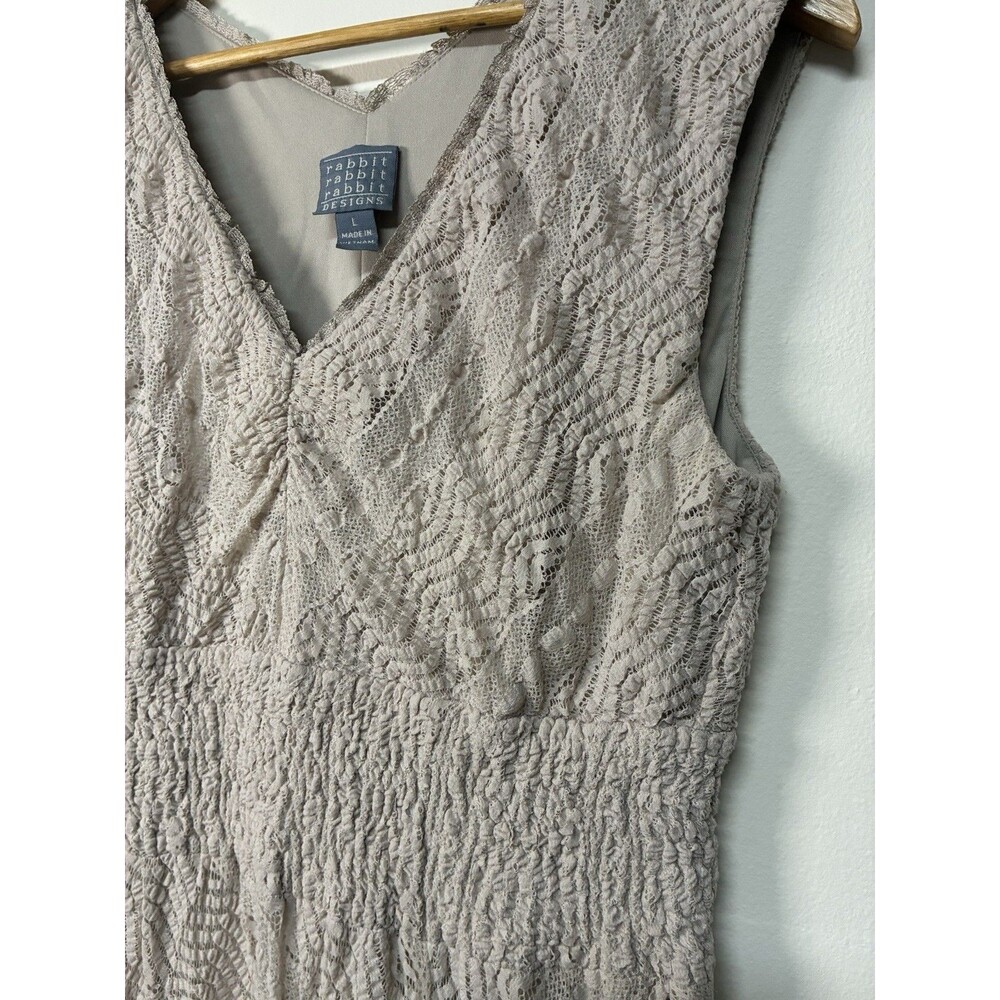 Rabbit Rabbit Rabbit Designs Midi Dress Sleeveless V-NeckTan Lace Stretchy L - Picture 2 of 13